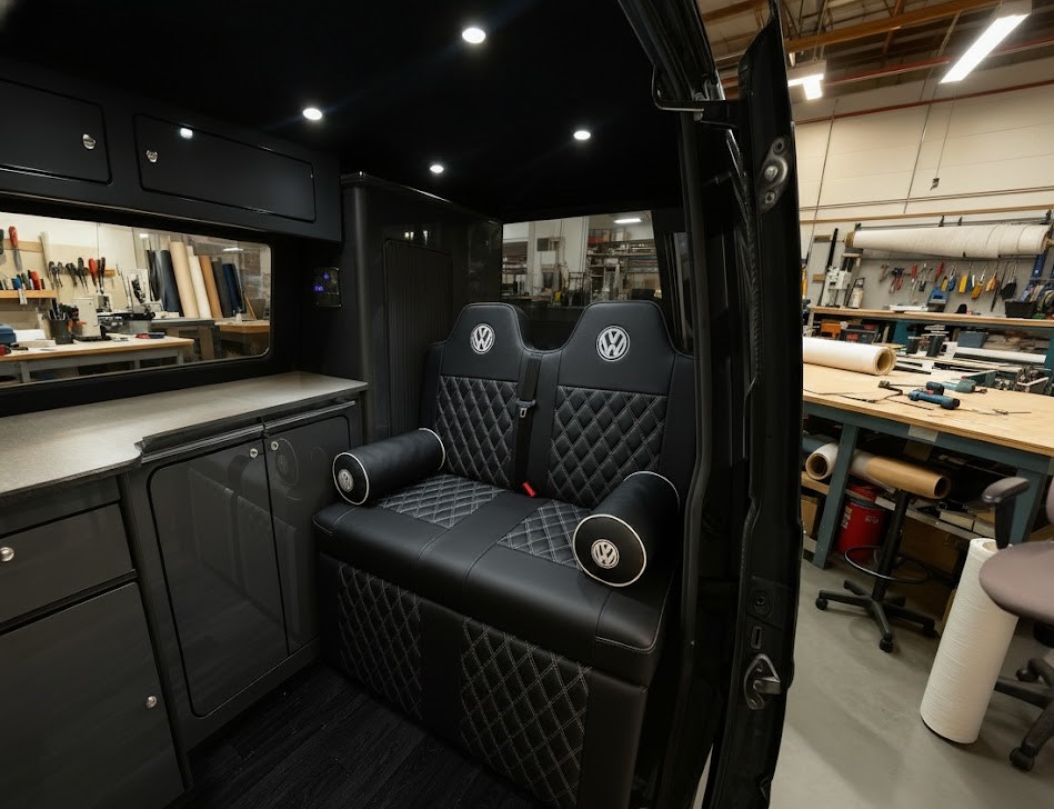 Rock n roll bed with VW logo black with grey Bentley stitch and VW bolsters Blue Note Upholstery